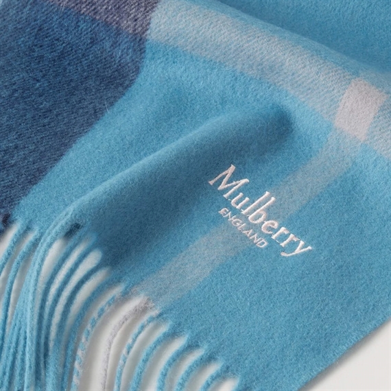 Mulberry Small Check Merino Wool Scarf Kingfisher Blue & Powder Rose